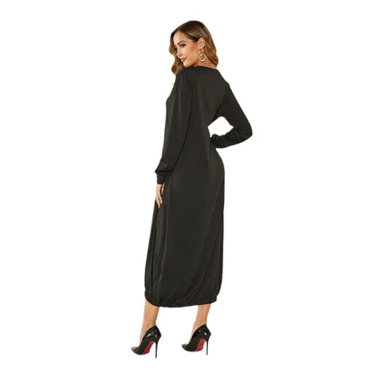 Black lantern dress with lace-up crew neck and loose fit, made from knitted polyester fabric