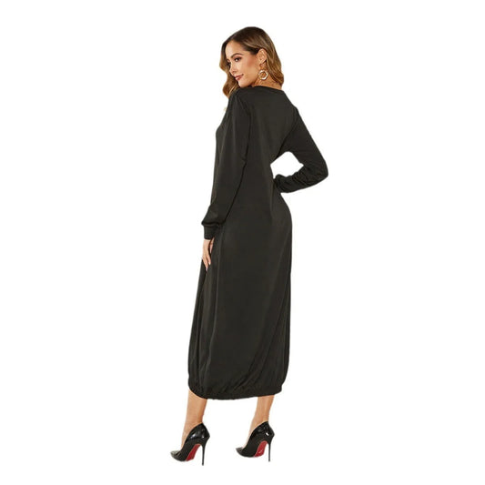 Black lantern dress with lace-up crew neck and loose fit, made from knitted polyester fabric