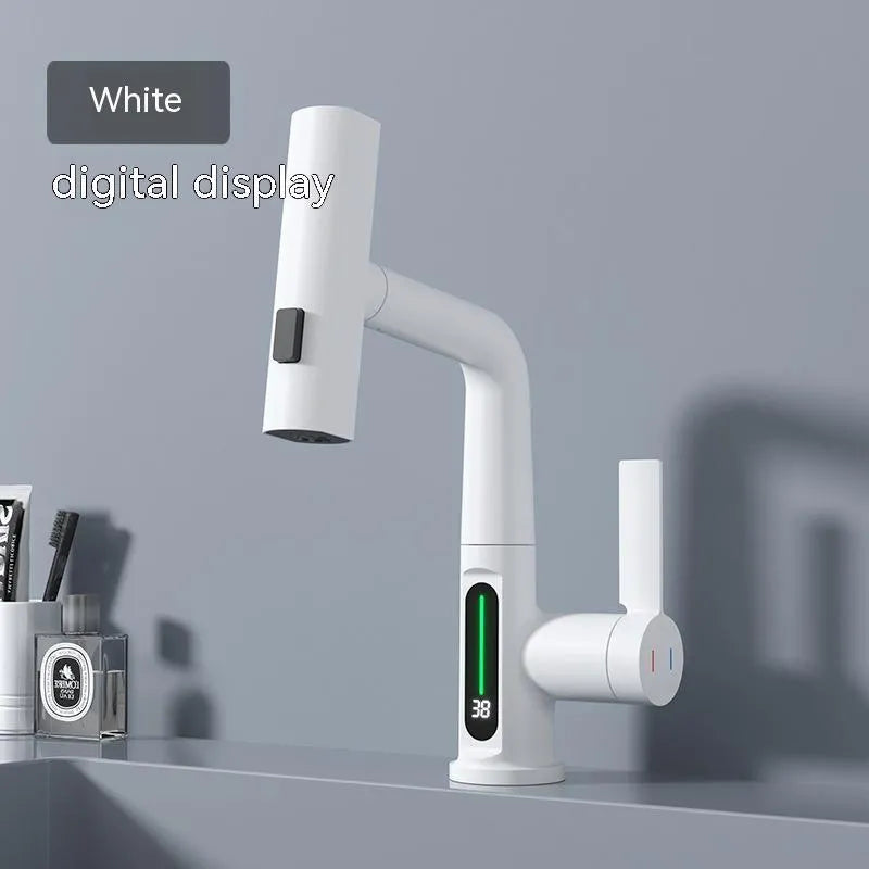 Modern digital display kitchen tap with pull-out spray hose showing LED temperature screen.