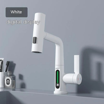 Modern digital display kitchen tap with pull-out spray hose showing LED temperature screen.