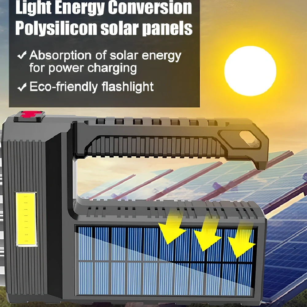 Solar USB rechargeable flashlight with 8 LED heads, aluminium alloy body, rubber switch, and side COB light