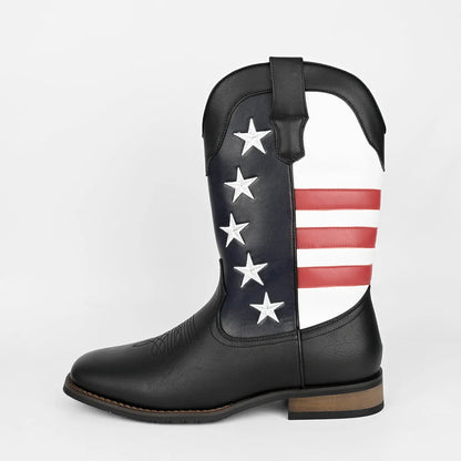 Men's black cowboy boot with five-pointed star design and low square heel