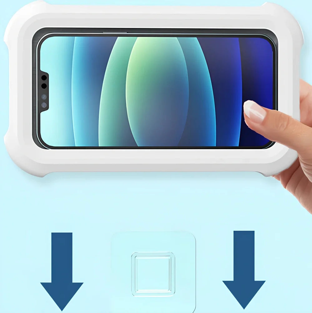 Wall-mounted waterproof black plastic phone rack with adjustable angle for bathroom use, includes 3 adhesives, 15cm height