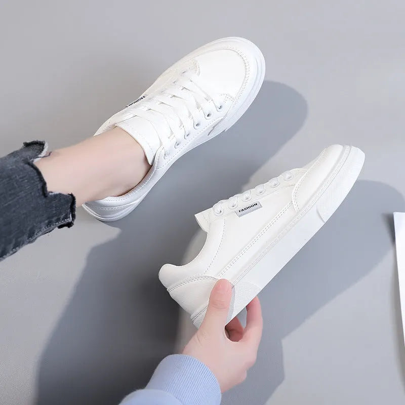 Korean style low-top sneakers in artificial PU leather available in white and brown colours