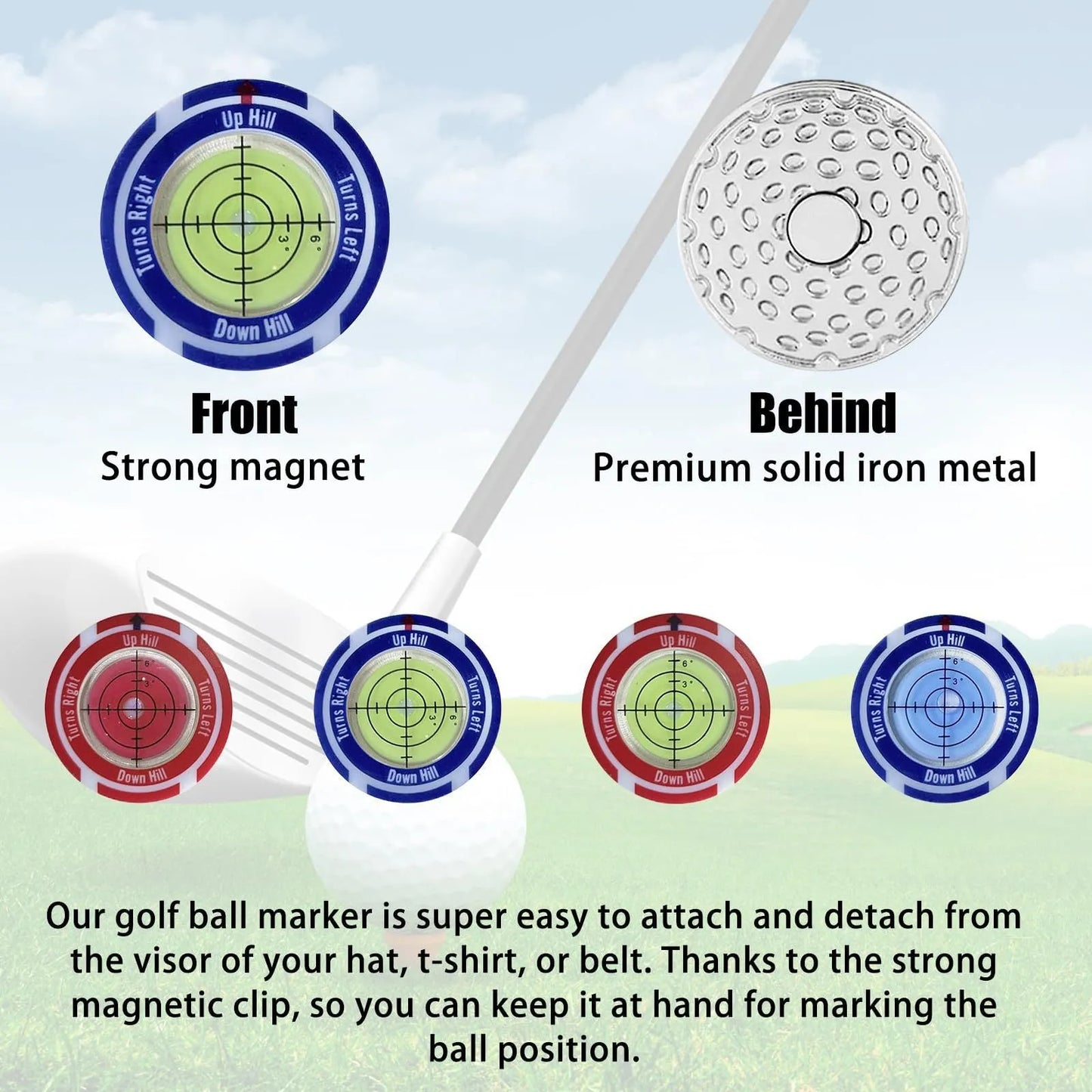 Golf level hat clip measurement device with green level markings and position marks for putting alignment