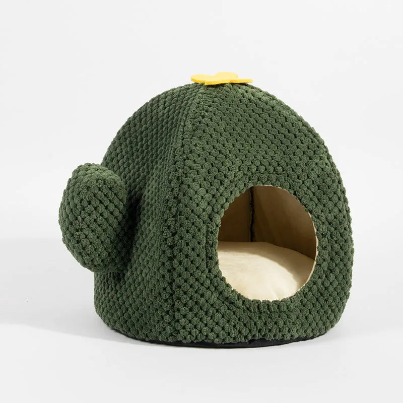 Dark green enclosed cat cave pet bed with plush interior for kittens and dogs