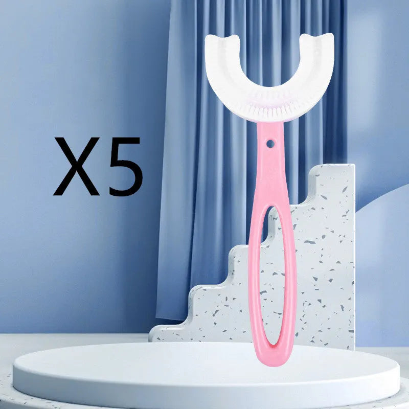 Children's U-shaped soft rubber toothbrush in pink and blue colours.