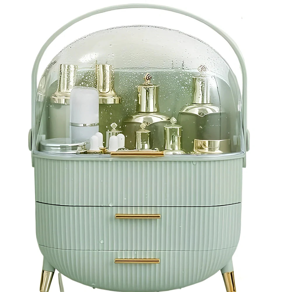 Light luxury cosmetic storage box in green ABS+PS with dustproof lid for skincare organisation