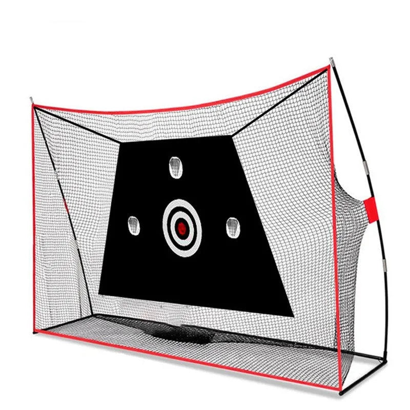 Swing wedge training golf net with three target holes, artificial turf mat, and red and white practice balls on grass.