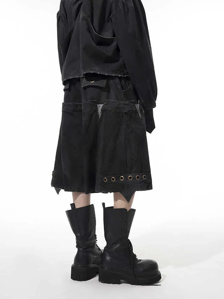 Men's black double waist loose cropped pants with mid-high waist and micro-elastic fabric