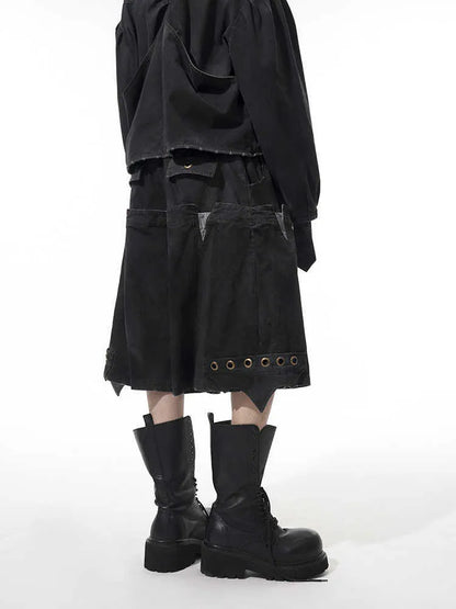 Men's black double waist loose cropped pants with mid-high waist and micro-elastic fabric