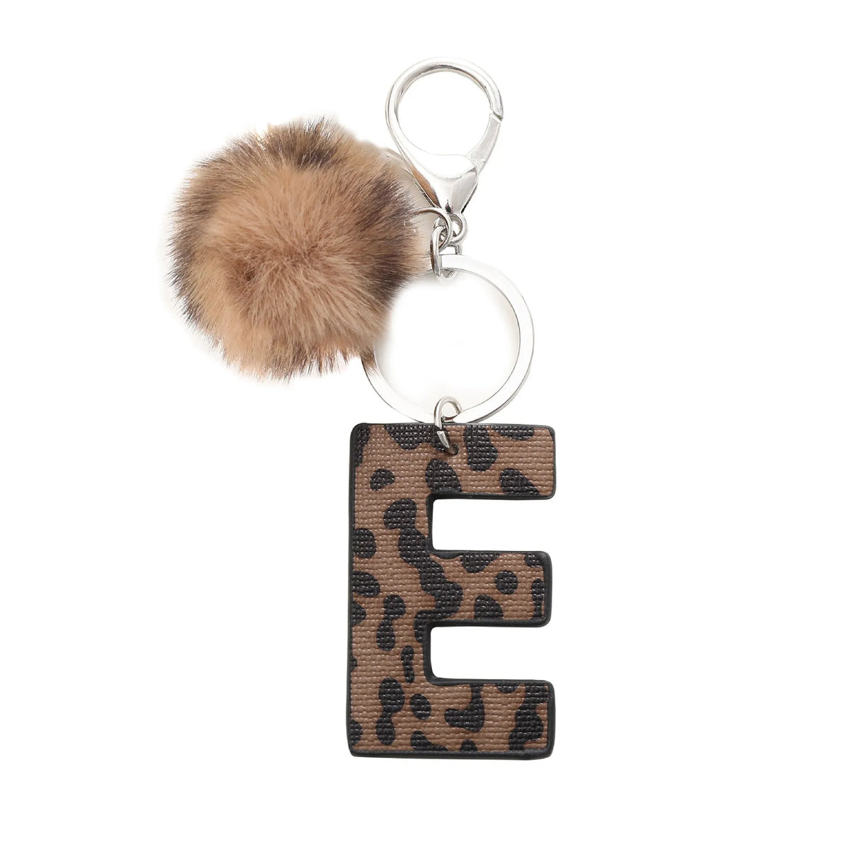 Leopard-print artificial leather keychain with oil-edged acrylic letter and included key ring, retro style