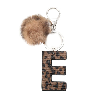 Leopard-print artificial leather keychain with oil-edged acrylic letter and included key ring, retro style