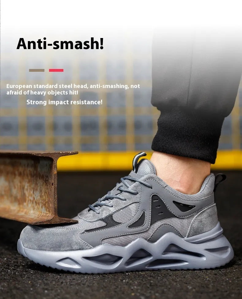Anti Smashing Men's Protective Shoes with Plastic Toe Cap, Anti Puncture EVA Sole, Front Lace-Up Work Trainers, Sizes 37-46, Black Grey Brown