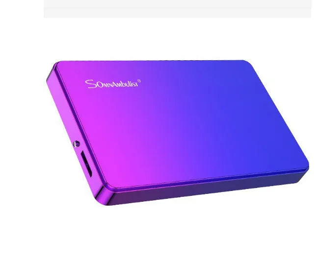 Purple 1TB external mobile hard drive, plastic shell, 12cm x 7.5cm x 1cm, with data cable and packing box
