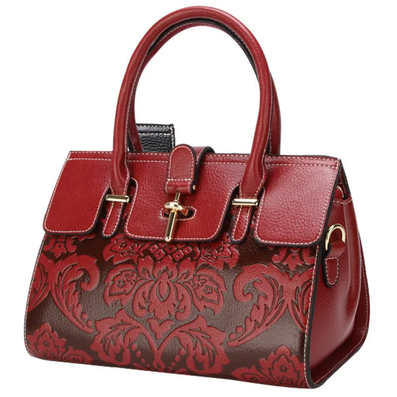 Vintage oval genuine leather women's crossbody bag with embossed sandwich pocket design