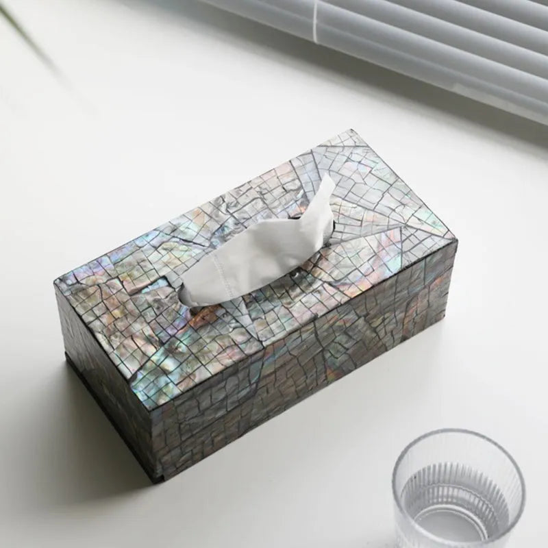 Natural shell tissue box with removable organisation compartment in modern simplicity design