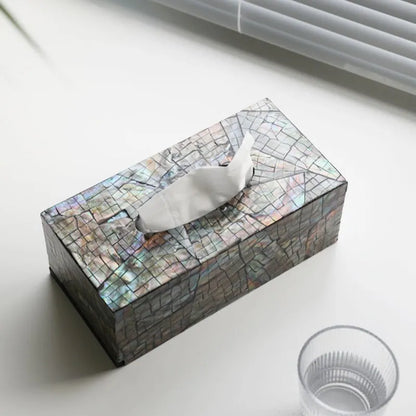 Natural shell tissue box with removable organisation compartment in modern simplicity design