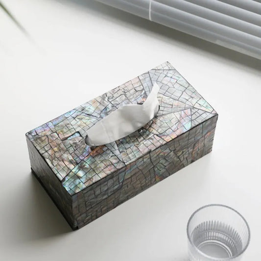 Natural shell tissue box with removable organisation compartment in modern simplicity design