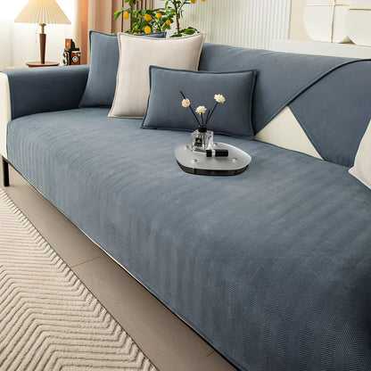 Chenille sofa cushion cover in army green with matching pillowcase on grey sofa