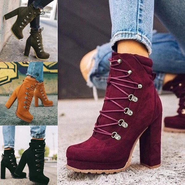 Women's suede high heel boots with round toe and lace-up design in green, black, wine red, and brown yellow