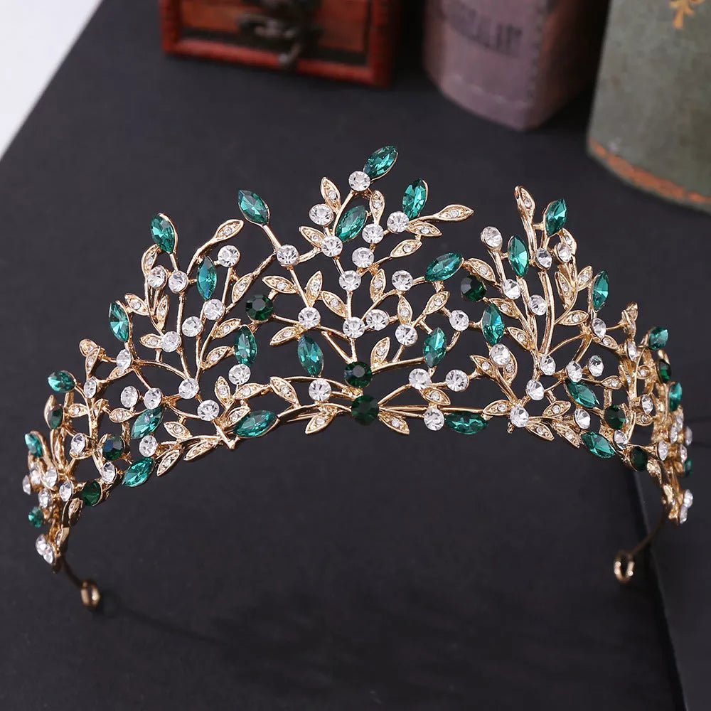 Vintage rhinestone headdress crown with green phantom quartz crystal, alloy construction, 15 * 6.5cm