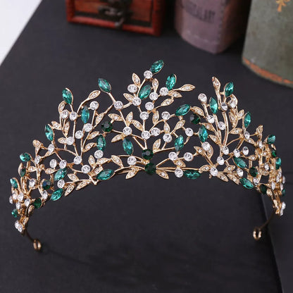 Vintage rhinestone headdress crown with green phantom quartz crystal, alloy construction, 15 * 6.5cm