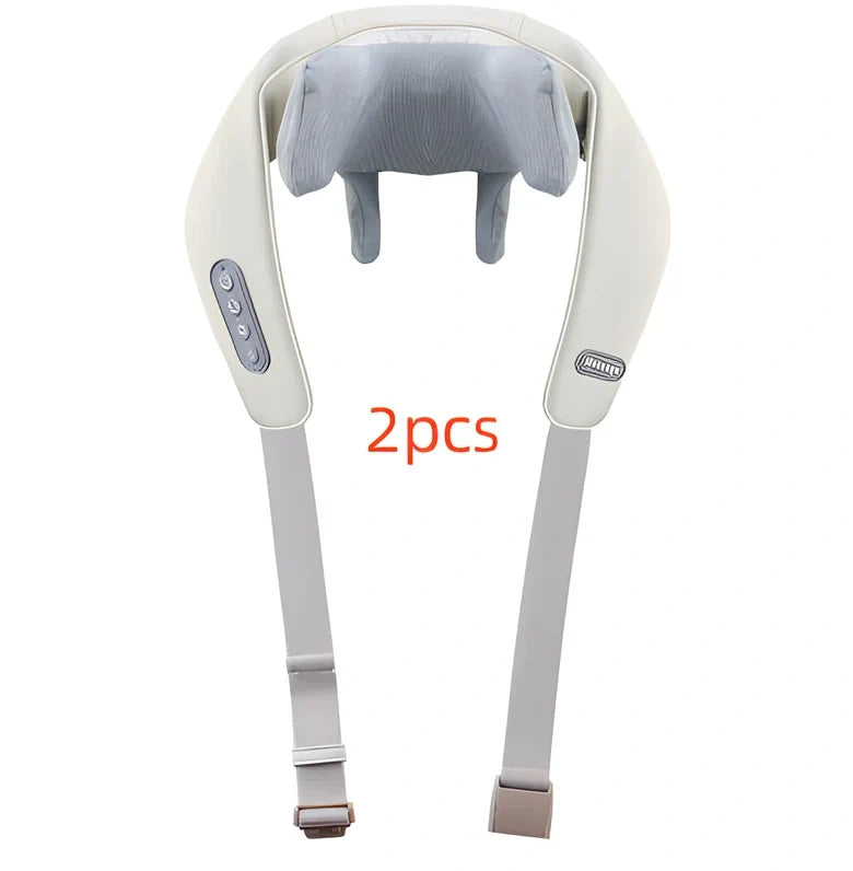 Beige neck massager with 6 vibration caps showing infrared heating function and wireless remote control