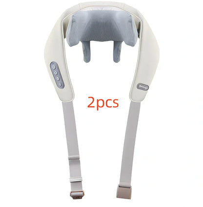 Beige neck massager with 6 vibration caps showing infrared heating function and wireless remote control