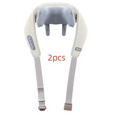 Shoulder and neck massager with hot compress, six vibration caps, three gears, 10 minute timer, PU leather, beige or grey.