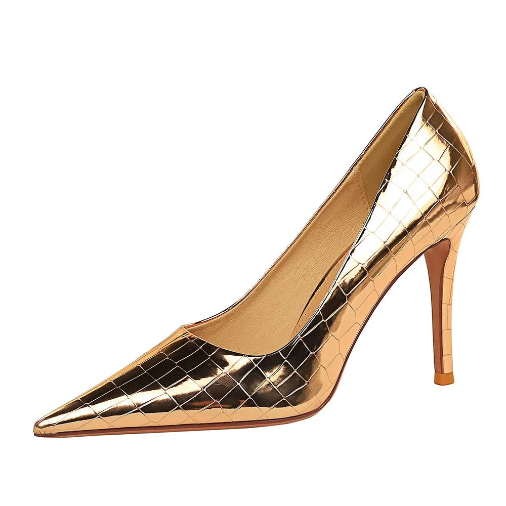 Women's pointed-toe stiletto high heels with metal detail, 6-8cm heel, low-cut middle mouth, five colours