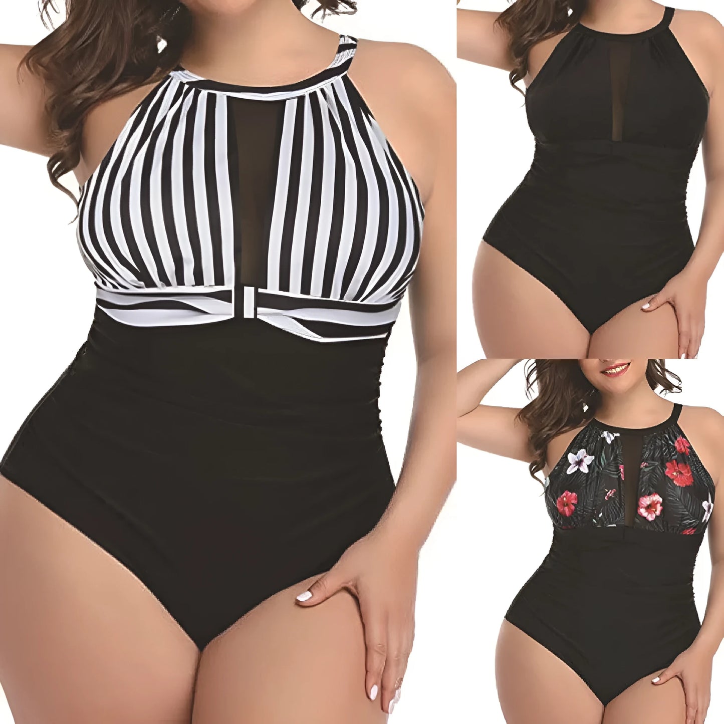 Women's black one-piece swimsuit with lace detailing on a mannequin, showing front and back views.