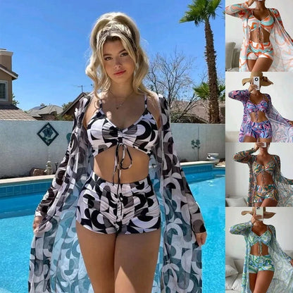 Women's floral print bikini set with long sleeve cardigan for summer beach outings
