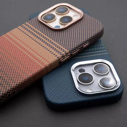 Kevlar magnetic phone case in Sunset Gold or Moon Blue, all-inclusive PC cover for iPhone 13 to 16 Pro Max