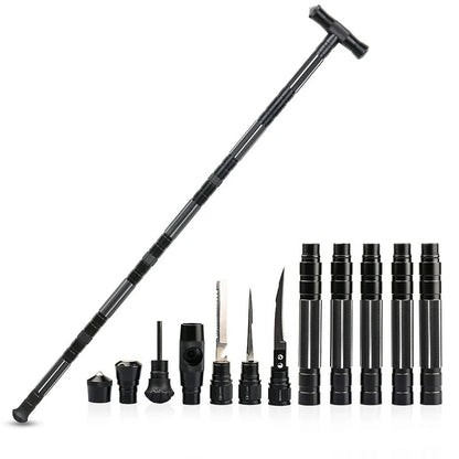 Black aluminium climbing pole with T-handle extended to 145cm beside camouflage storage bag