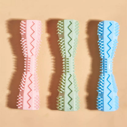 Hexagonal TPR chew toy for dogs in green, blue, or pink for teeth cleaning and anxiety relief
