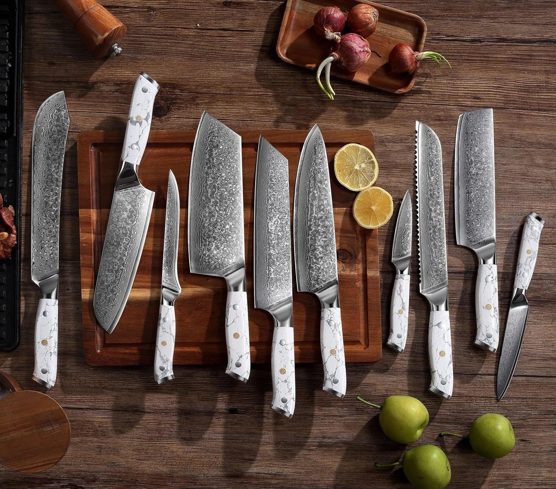 Damascus pattern VG10 steel chef's knife with a 21cm blade and simple handle on a wooden cutting board.