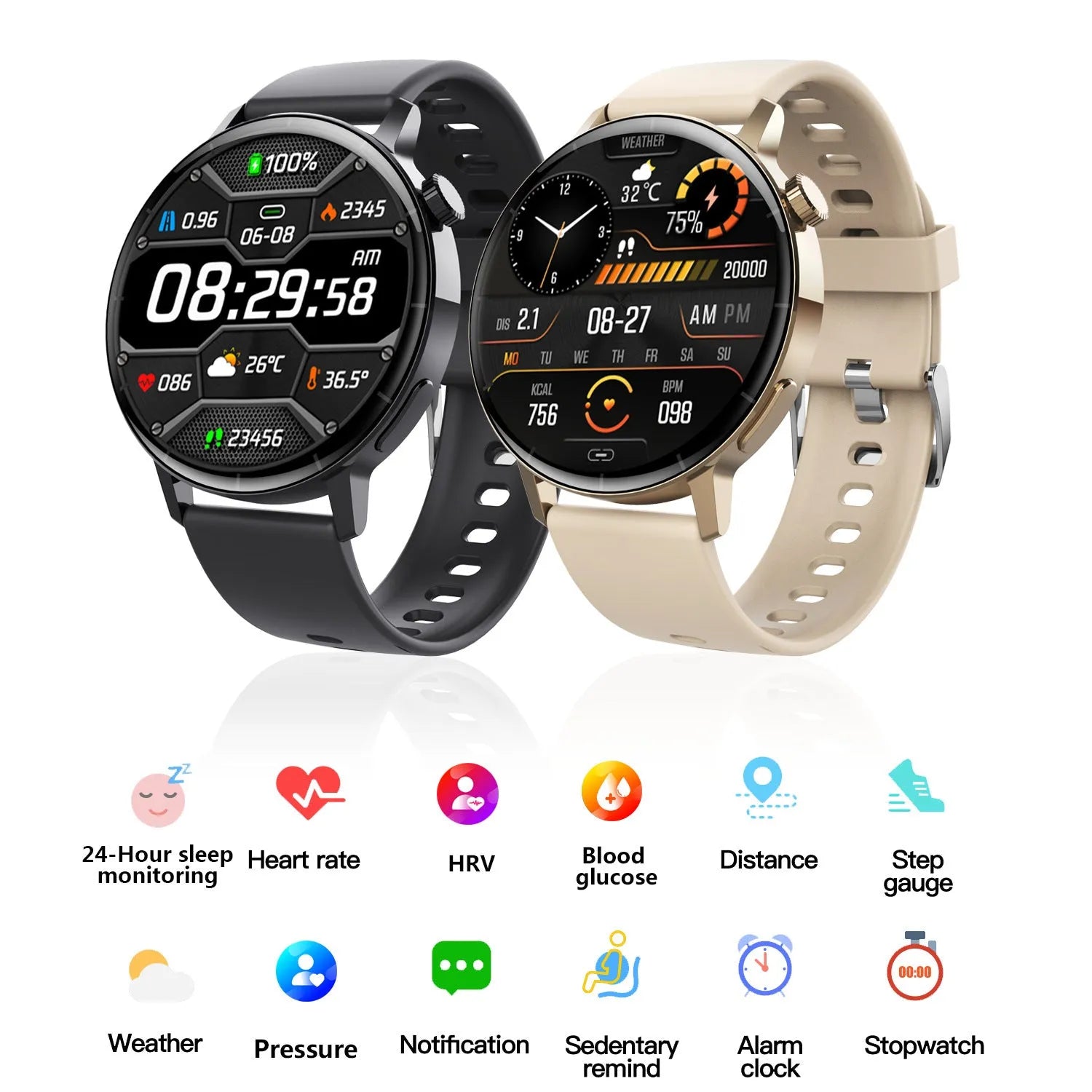 F67S blood glucose smart watch with leather strap showing health monitoring display