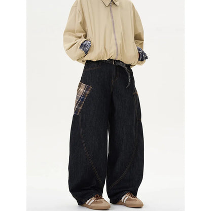 Loose straight-leg trousers in coffee plaid pattern with mid waist design