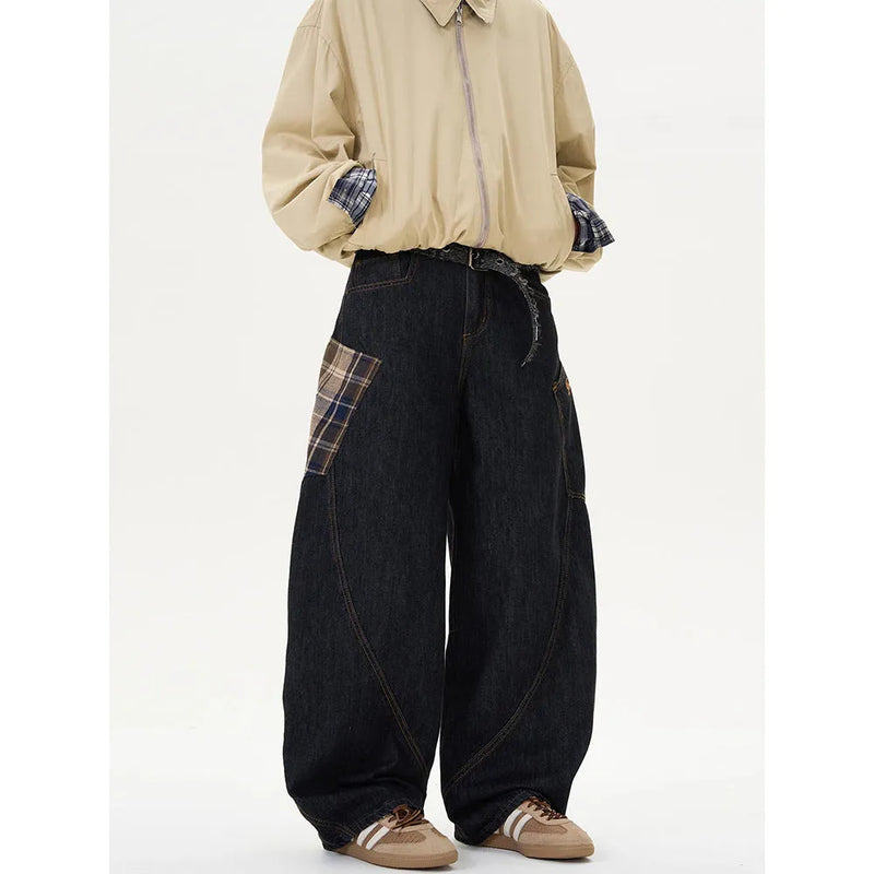 Loose straight-leg trousers in retro casual style for autumn and spring wear, available in coffee plaid or red plaid colourways, with mid waist design and cotton fabric composition, suitable for S, M, L, XL, 2XL, and 3XL size ranges.