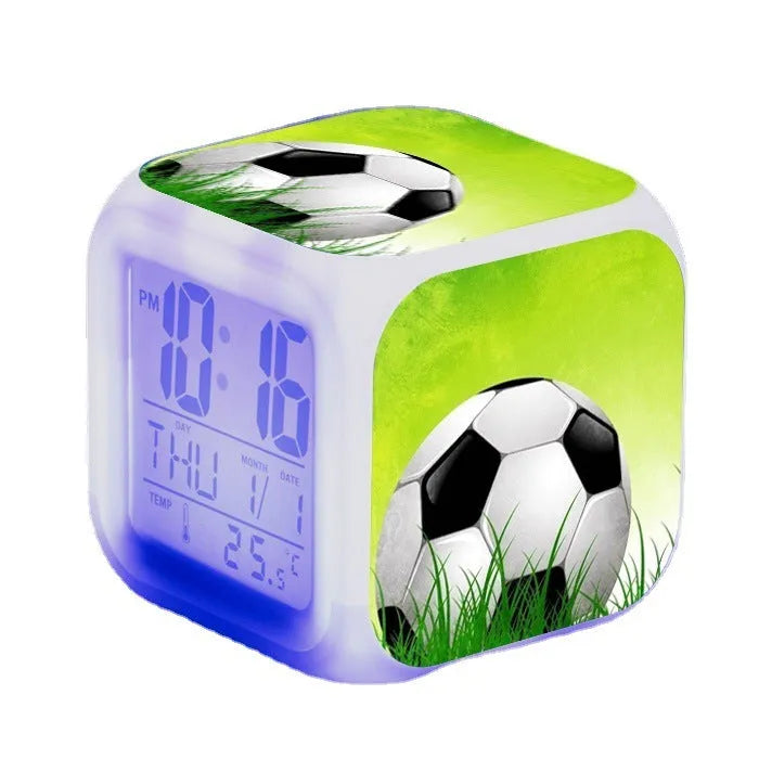 Cartoon football pattern children's mute alarm clock, available as a three-side alarm clock, three-side with USB cable, or four-side alarm clock in colour options No 24, No 25, and No 26.