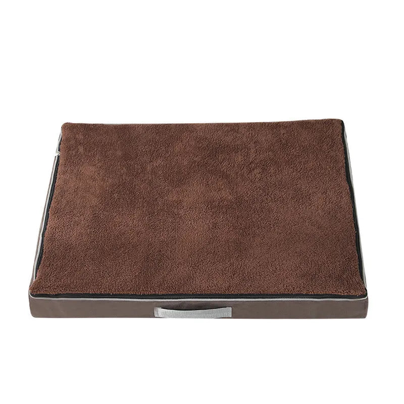 Removable and washable memory sponge dog mat in brown colour, showing 10cm thickness and size options for pet comfort