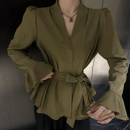 Women's French-style irregular collar long sleeve tied shirt in black with bell sleeves and tied front