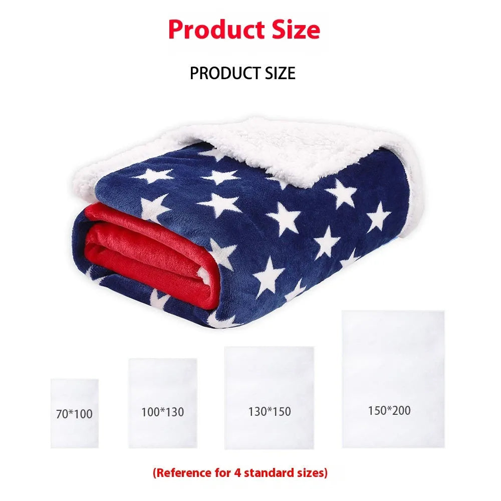 Striped American style polyester blanket showing three size options.