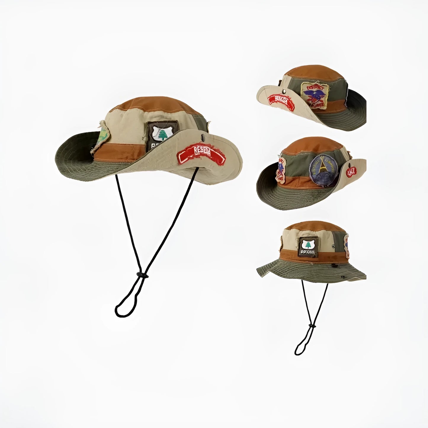 Army green cotton foldable fisherman hat with flat top crown and hand-painted patchwork design