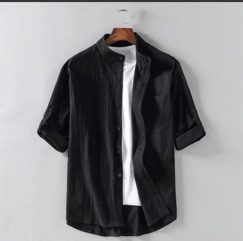 Men's linen stand collar loose shirt in white, black, and green colors