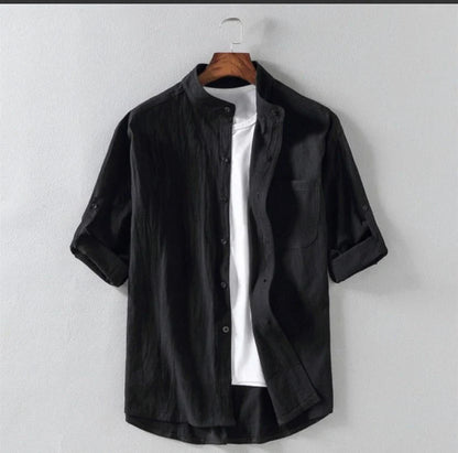 Men's linen stand collar loose shirt in white, black, and green colors