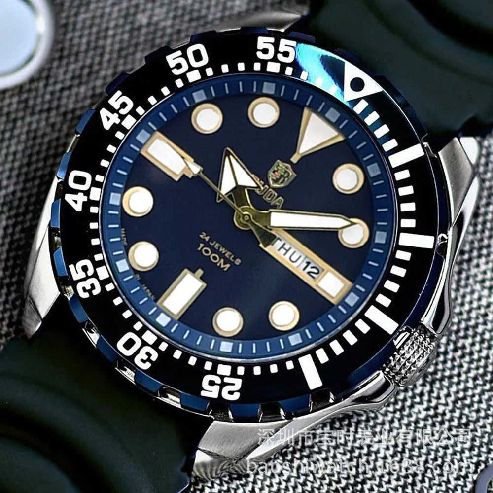 Men's waterproof luminous sports watch showing blue dial with steel strap option