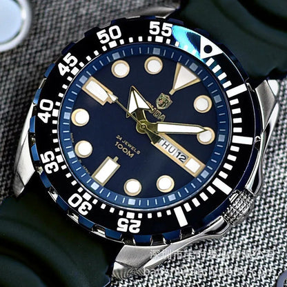 Men's waterproof luminous sports watch showing blue dial with steel strap option