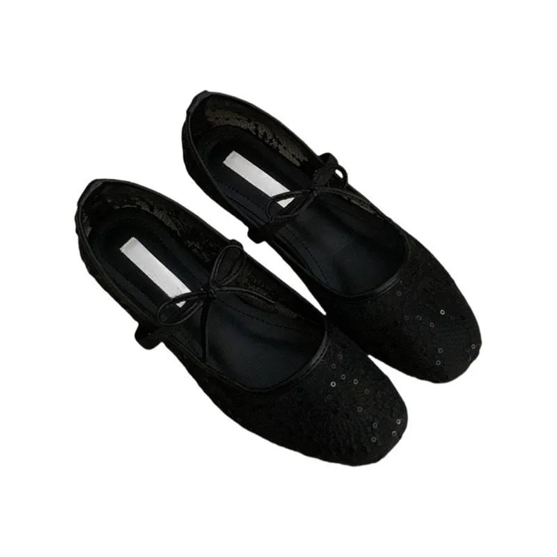 Women's flat heel Mary Jane evening shoes with lace mesh detailing and 3-5cm mid heel